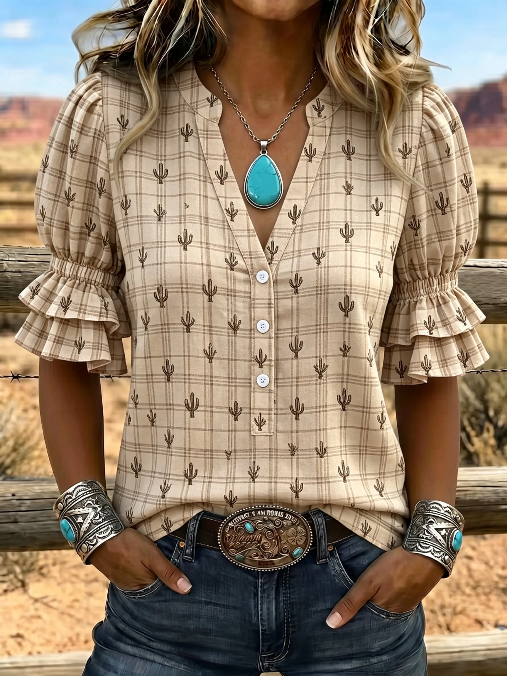 Women's Spring Summer 3D Printed V Neck Shirt, Brick Red Grid Horseshoe Star Western Ethnic Geometric Blouse view 2