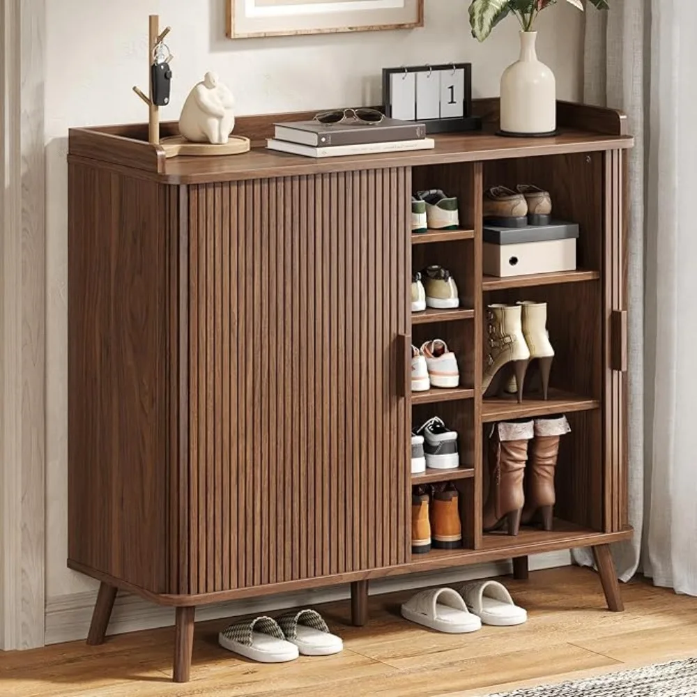 

Shoe Cabinet with Sliding Door, 5-Tier Hidden Shoe Rack with Adjustable Shelves, Wooden Shoe Storage Organizer with Open Bottom