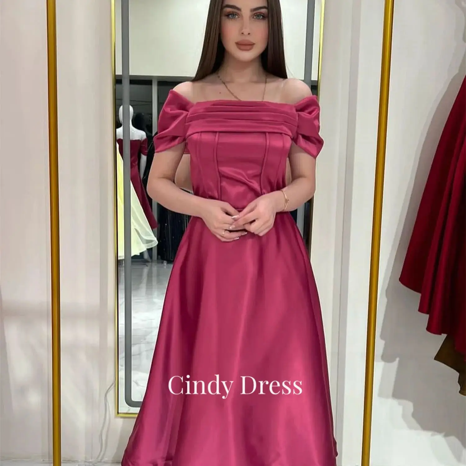 

Cindy Long Party Dresses Rose Red Elegant Evening Women Luxury Off the Shoulders Dress Celebrity Satin Gown Grace Woman's Ladies