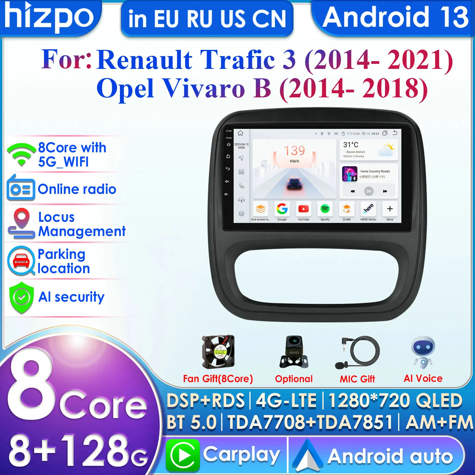 Hizpo 4G AI Voice Android Auto Radio For Renault Trafic 3 2014-2021 For Opel Vivaro B 2014-2018 Carplay Car Multimedia GPS 2din