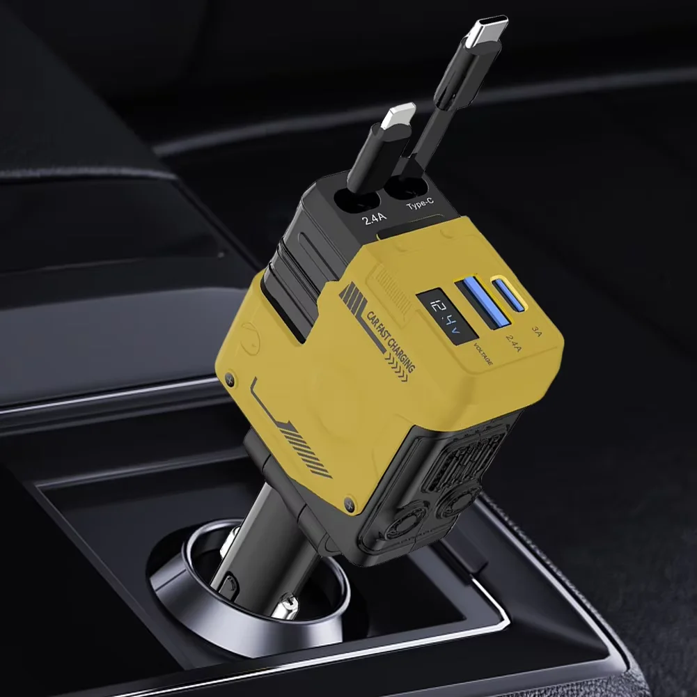 شاحن سيارة 120 وات 4 في 1 محول ولاعة سجائر قابل للسحب مع كابل شحن سريع USB من النوع C لأجهزة iPhone وAndroid