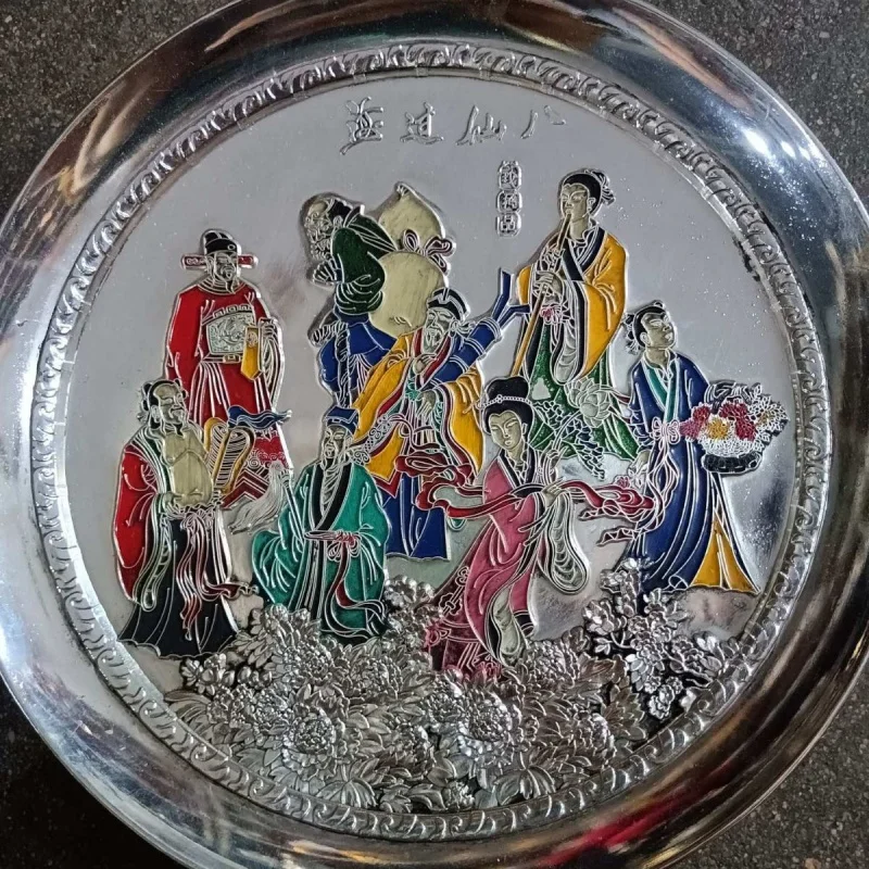 Antique Bronze Collection Cooperized Silver Painted Eight Immortals Crossing the Sea Decorative Plate Embossed Two Dragons Are P