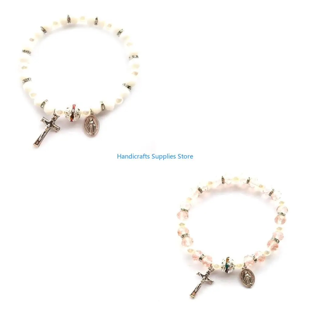 R1WA Crucifix Rosary BeadS Bracelet Vintage Jesus Christ Crucifix Crucifix Wristban