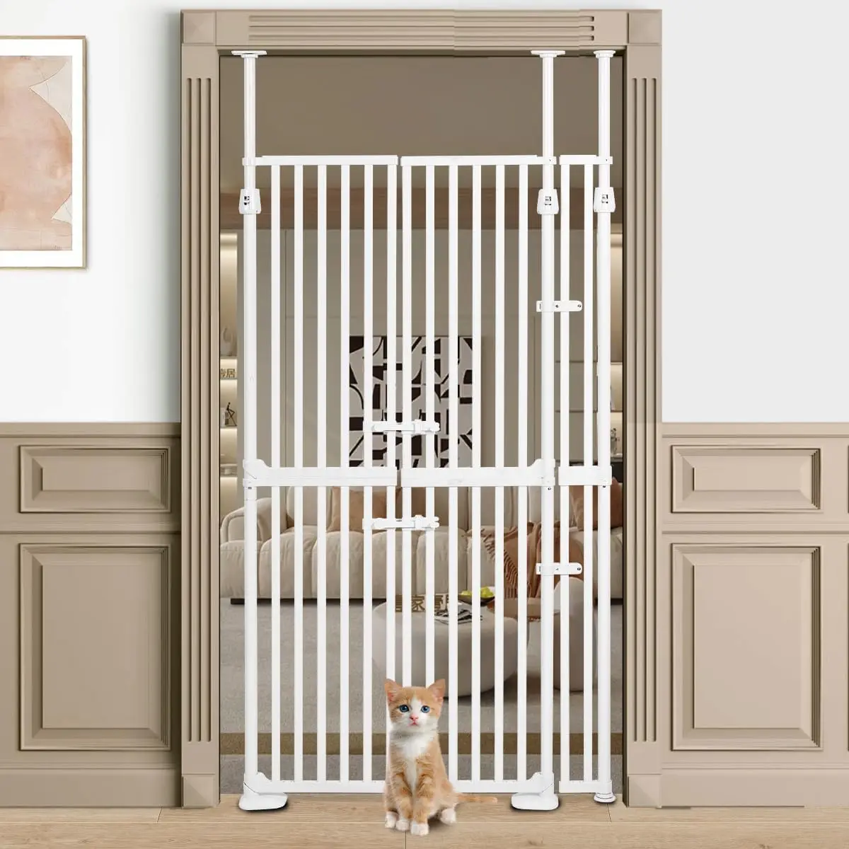 Puerta para gatos extra alta de 71", se adapta a una apertura ancha de 30,31-39,27", puerta de seguridad para gatos con cierre automático, espacio extra estrecho de 1,34"