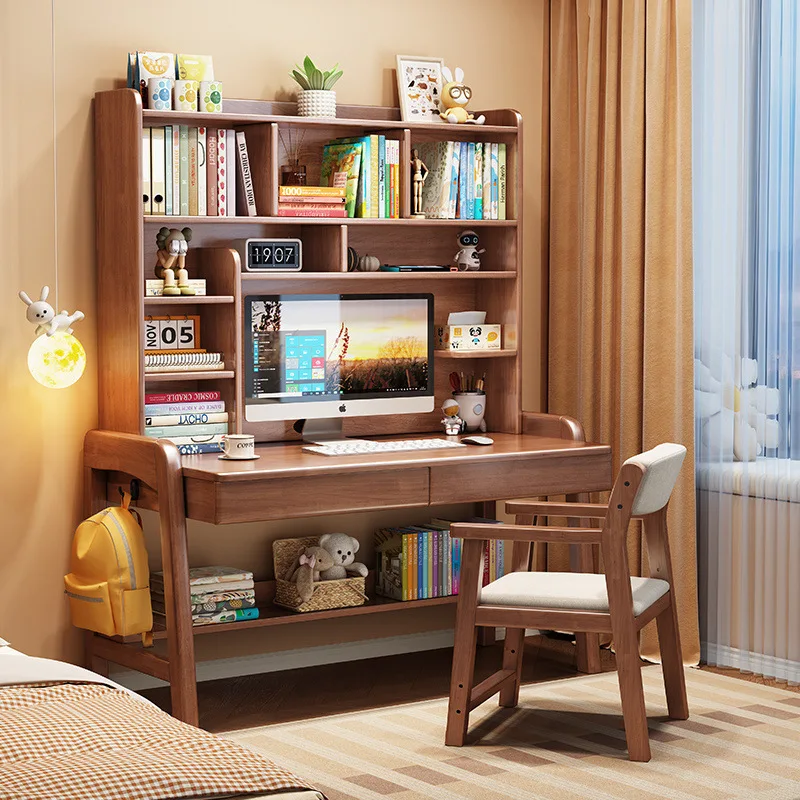 Solid wood primary and secondary school students desk bookshelf integrated, home study, desktop desk