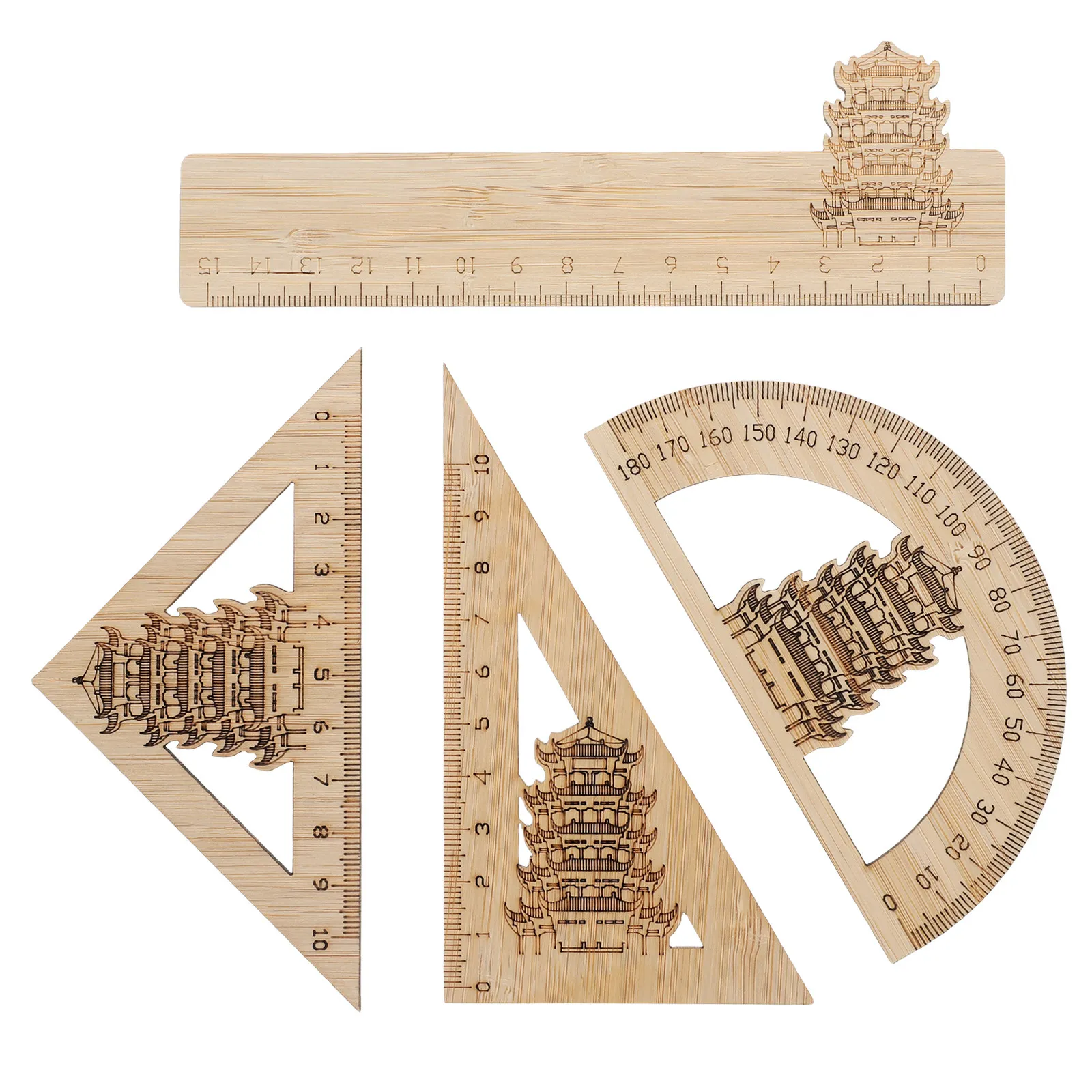 4Pcs Bamboo Rulers Chinese Yellow Crane Tower Design Geometry Math Measuring Tools Set for Classroom Student Engineer Draft