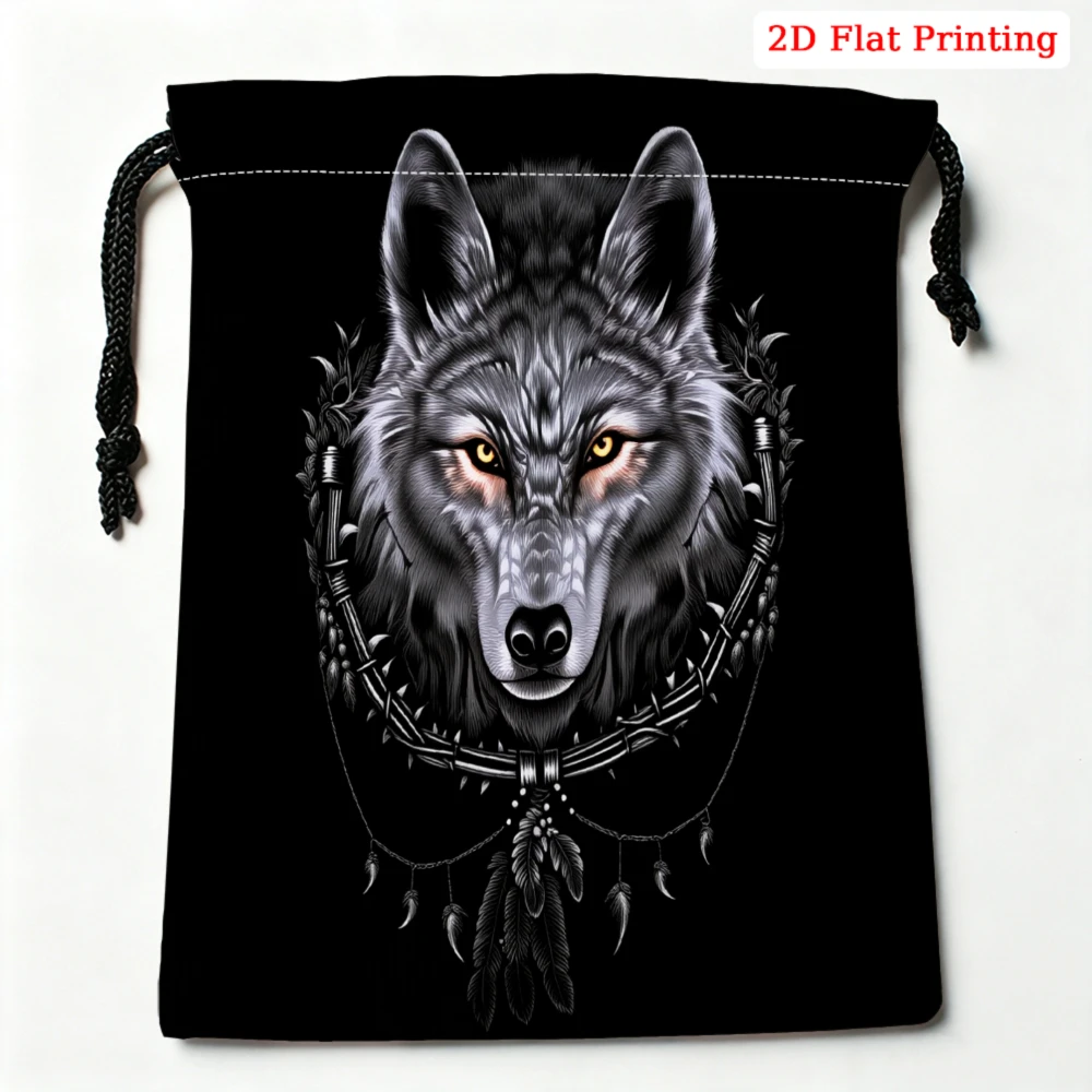 1Pc Wolf Pattern Drawstring Bag Black 2D Flat Printing Storage Small Pouch For Travel Cosmetics Glasses Organizer Unisex Portabl