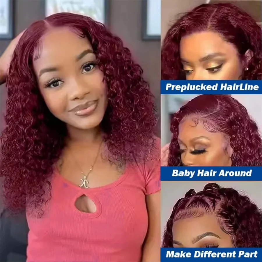 200% Burgundy 99J Short Curly Bob Wig 13x4 Transparent Lace Frontal Human Hair 8-18 Inches Wine Red Pre Plucked With Baby Hair image 4