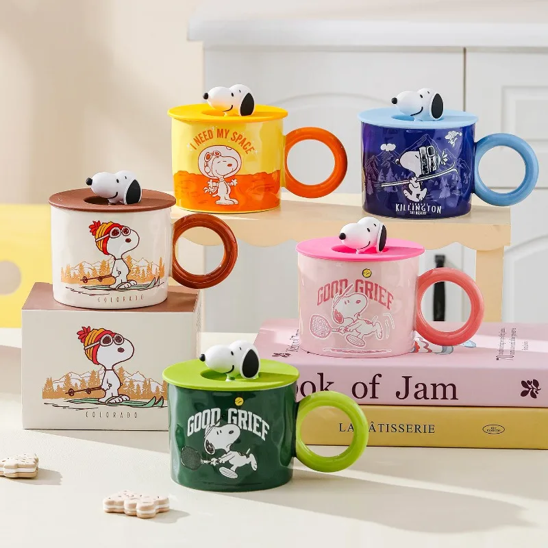 YOUMAI Snoopy American Retro Series Ceramic Mug with Lid Coffee Cup Couple Cup Office Cup Birthday Gift