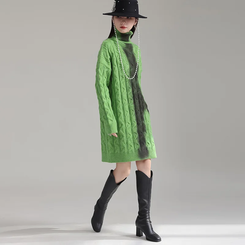 Turtlenecks Knitted Long Sweater Dress Women Cotton Pullover Top Loose Thick Vestidos Mujer 2024 Autumn Winter