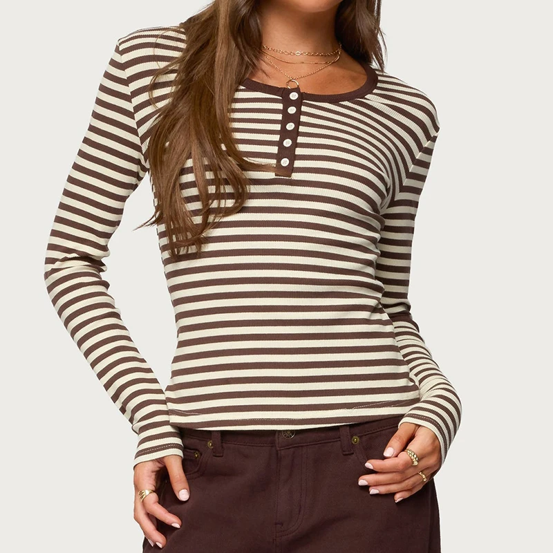 عادية كم طويل مخطط زر الجبهة تي شيرت المرأة الأساسية صالة المحاصيل القمم الخريف Preppy في سن المراهقة فتاة الكلاسيكية صالح البلوز تيز