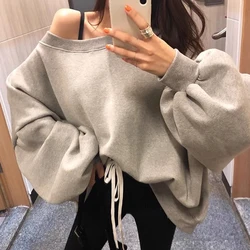 Irregular Temperament Neck Off Shoulder Top Oversized Hoodie Grey Black Sudaderas Mujer Tops Clothes for Women Grunge Sweatshirt