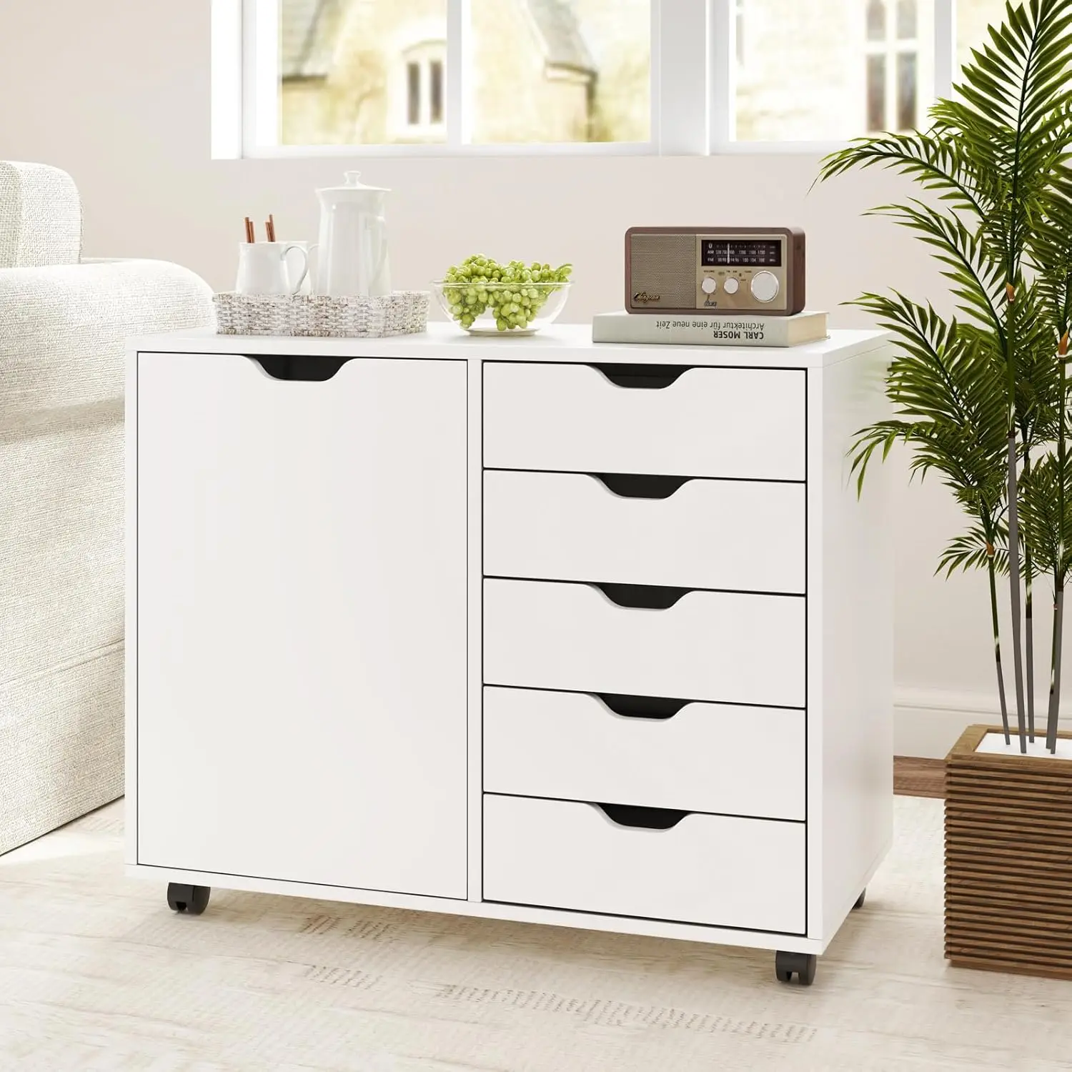File Cabinet, White Filing Cabinet w/Universal Wheels, Wood Printer Stand w/Storage, Rolling File Cabinets (5 Drawers)
