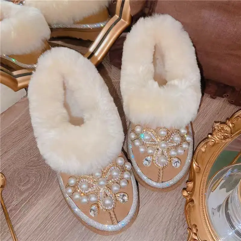 Handmade pearl diamond trim women's cotton shoes sweet comfortable thick round head snow boots 35-40