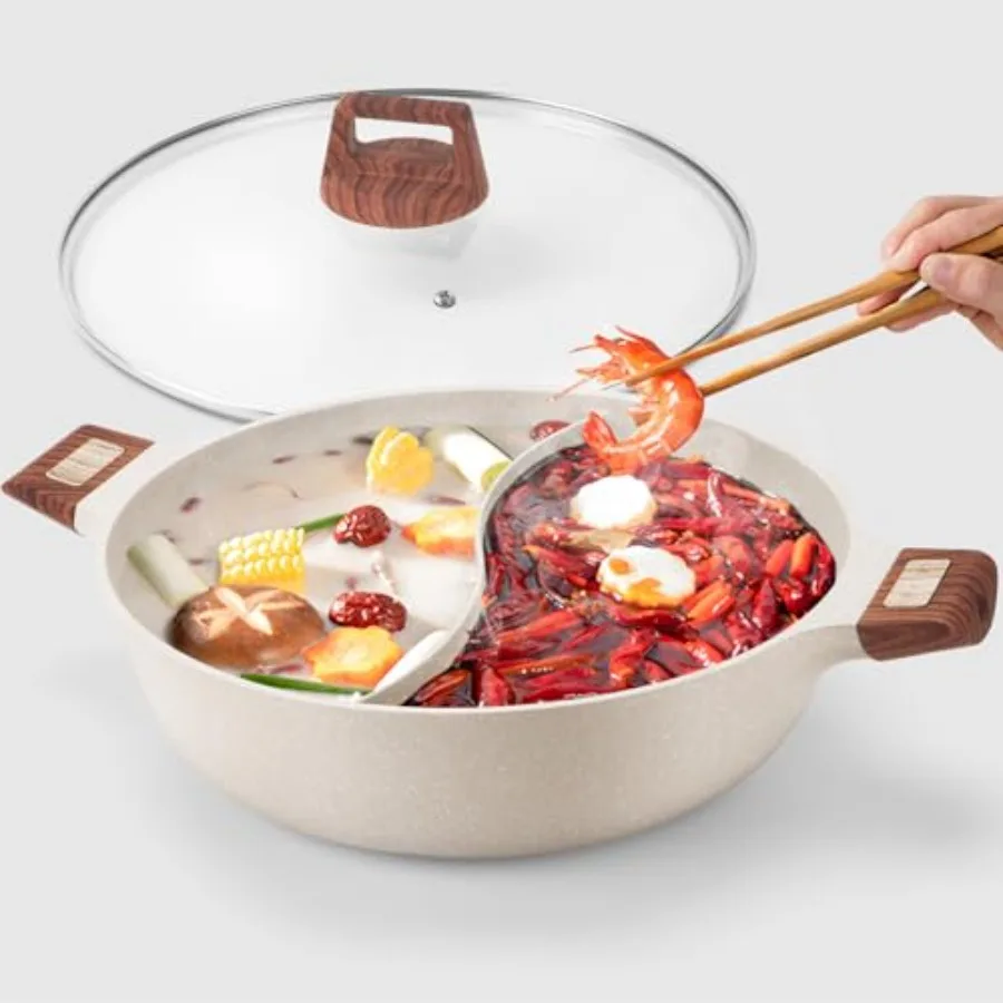 

Кастрюля для шабу-шабу 7QT с разделителем, двойным отсеком для приготовления разных блюд, стеклянной крышкой, двухсторонняя, для индукционных плит