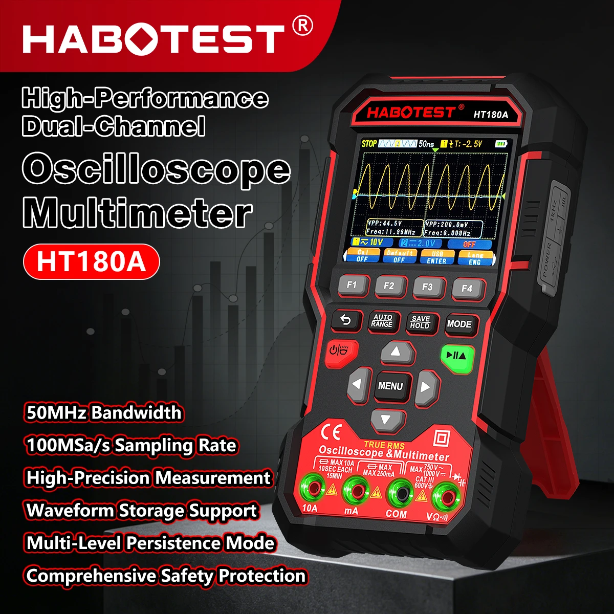 HABOTEST HT180A 3-in-1 Oscilloscope Multimeter Signal Generator High Precision Dual Channel Portable True RMS Waveform Tester