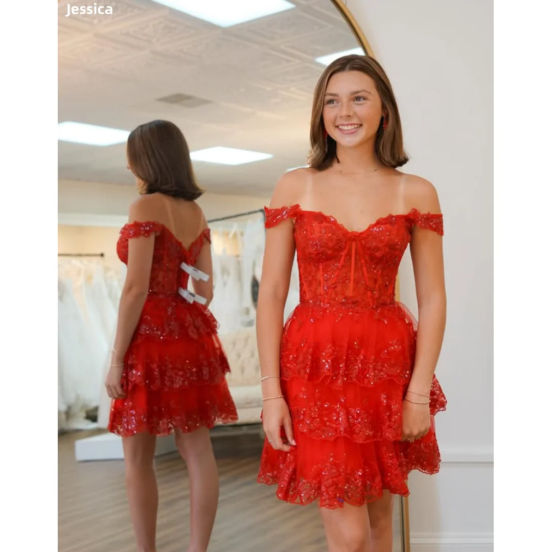 

Jessica Sweetheart Red Evening Dresses Tulle Embroidered Sequins Prom Dresses Mini Short Party Dresses Vestidos De Gala