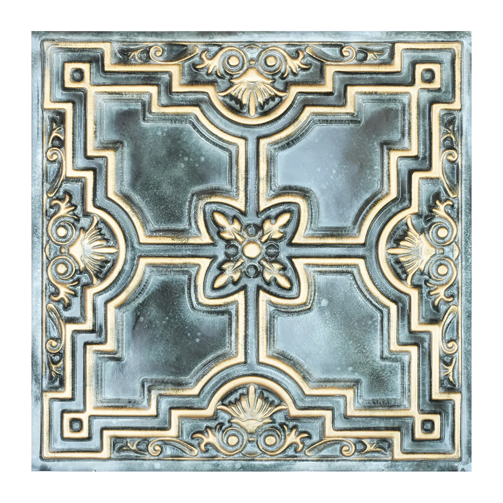 Aged Ceiling Panels, Embossed Tin Ceiling Tiles, Decorative 3D Panels for Groggery PL16 Bluish gold 10pcs