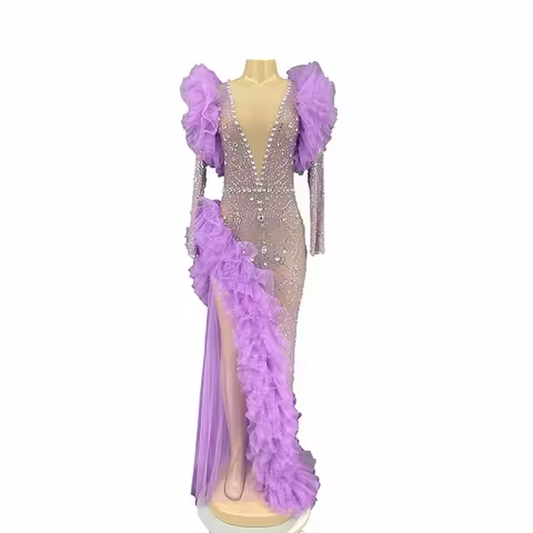 Silver Rhinestone Purple Mesh Transparent Long Dress Birthday Celebrate Outfit Evening Women Dancer Dress