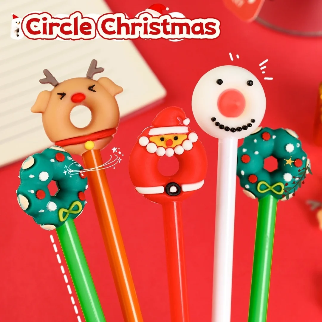 Cute Donut Shape Christmas Pen, Cartoon Snowman Reindeer Print Stationery for Christmas Gift School Office