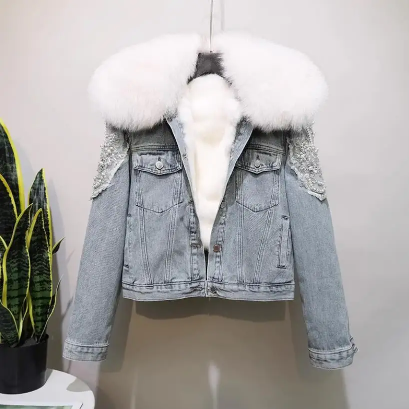 Street Stylish Beaded Real Fox Fur Collar Denim Coat for Women 2023 Autumn Winter Loose Short Parka Female Fashion Outwear Y4542