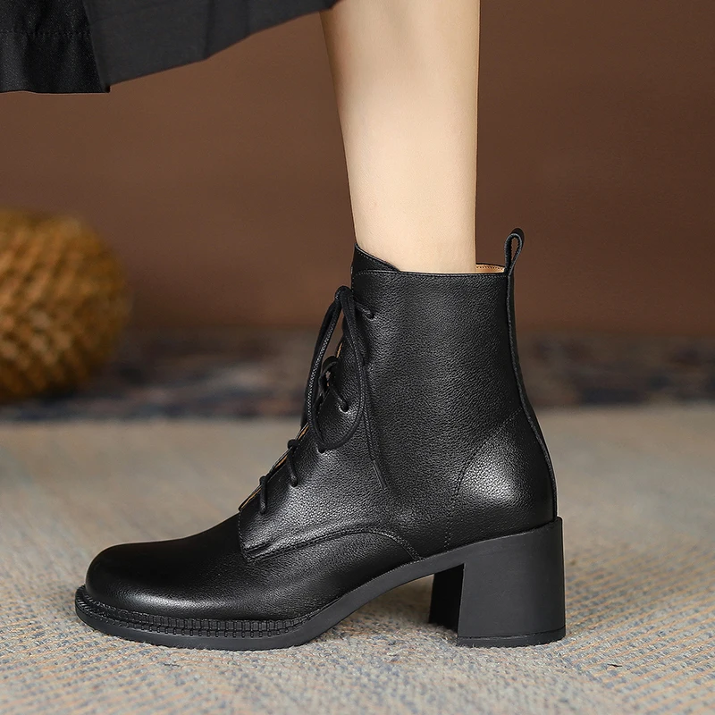 2024 New Women Genuine Leather Lace Ankle Boots Thick High Heels Motorcycle Boots Retro Round Toe Warm Autumn Winter Shoes Woman