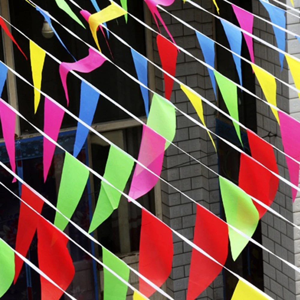 100 peças bandeiras coloridas, bandeiras de corda triangular, celebração de festival de abertura ao ar livre, corda espessada de casamento