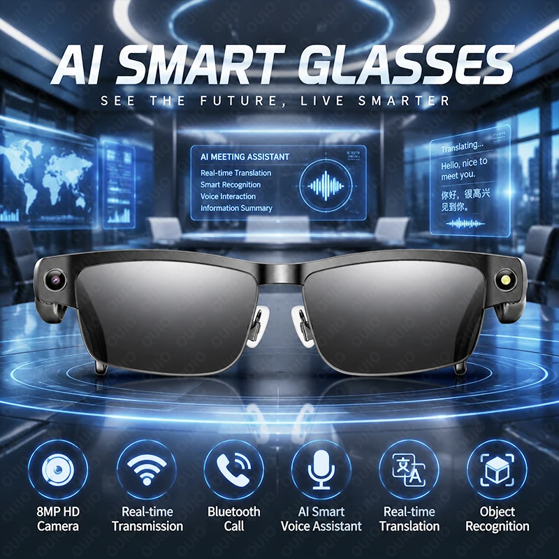 Lunettes intelligentes IA avec caméra HD intégrée, double microphone à réduction de bruit, transmission Wi-Fi et Bluetooth en temps réel, reconnaissance d'objets