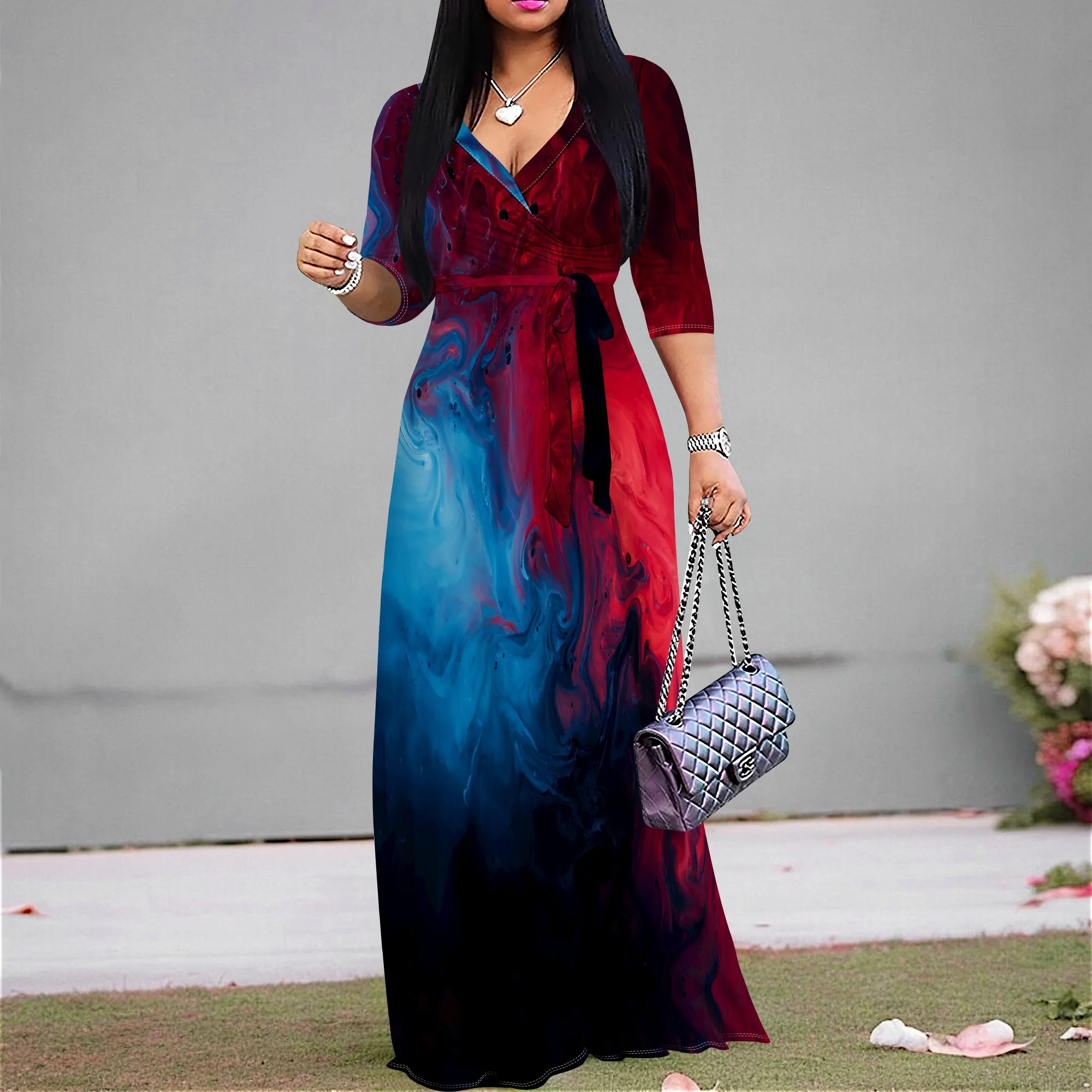 

White Abstract Marble Print Maxi Dress S‑3XL V‑Neck Wrap Style with Tie Waist for Art Show, Dinner or Wedding Guest Look
