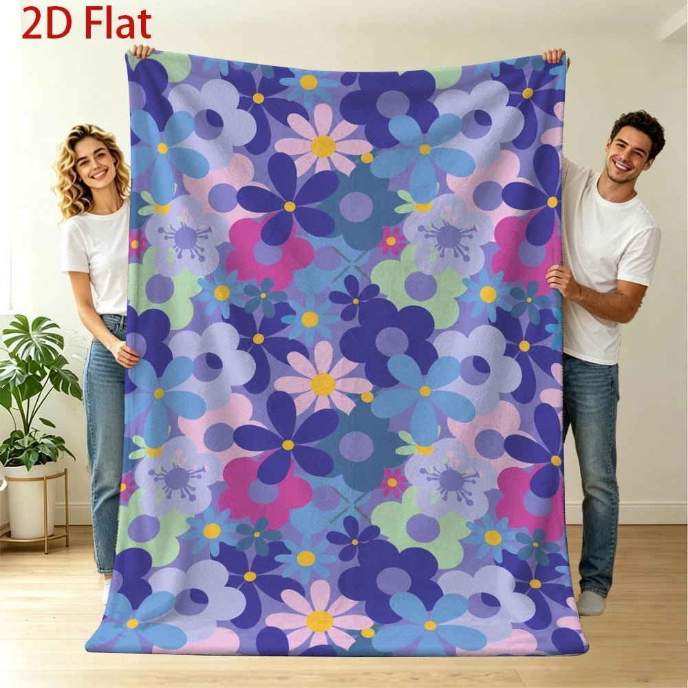 1pc Retro Groovy Floral Print Fleece Blanket Soft Cozy 2D Flat Flower Throw Blanket for Couch Bed Living Room