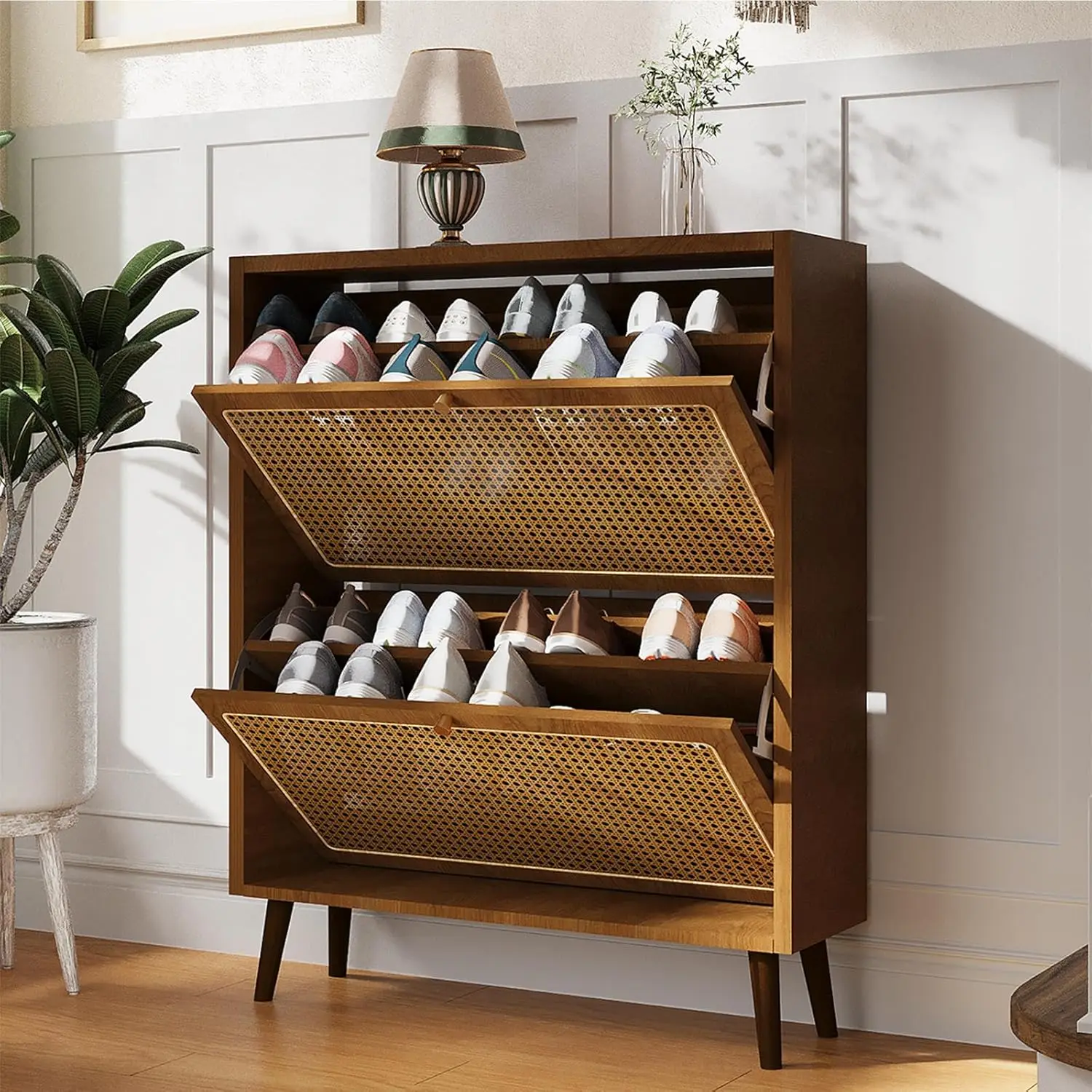 

Modern Rattan Shoe Cabinet: Slim 2-Tier Flip Oak Wood Drawer Organizer for Entryway for Apartment and Hallway - with Wooden Legs