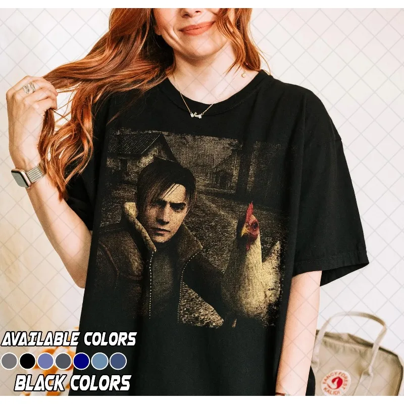 Retro Resident Evil 4 Lyon and Chicken Pattern T-shirt Women's T-shirt Summer New Unisex High Street T-shirt