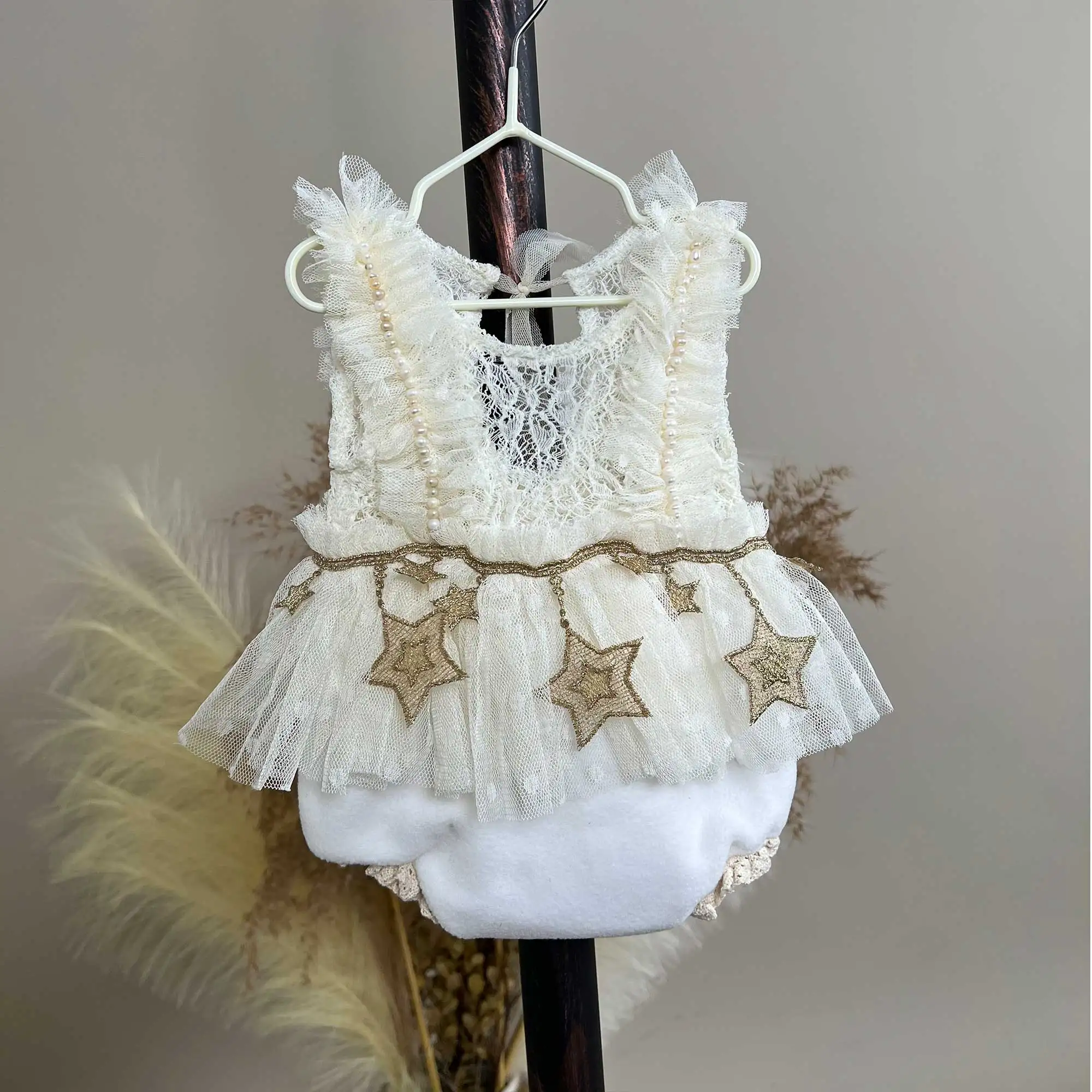 Don&Judy Newborn Baby Girl Polka Dot Tulle Romper Star Print Mesh Bodysuit Long Sleeve Jumpsuit Infant Princess Photo Prop