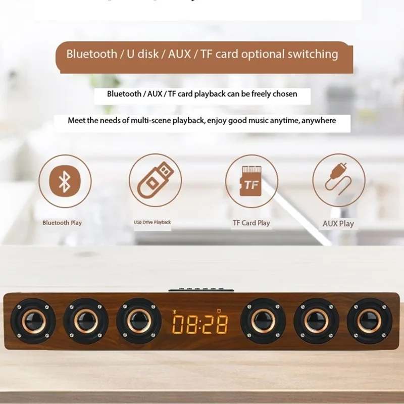 Alarm Clock Multi-function Wooden Wireless Bluetooth Speaker Subwoofer TV Soundbar Home Theater Column for Computer Speakers FM