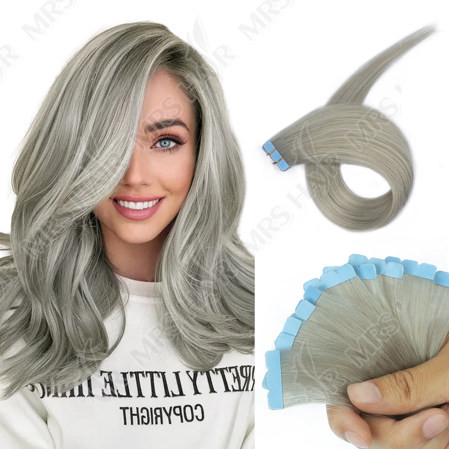 Mini fita em extensões de cabelo, máquina de trama de pele de cabelo humano-fita remy em extensões cinza 10 peças para fita lateral no cabelo 12-20 polegadas