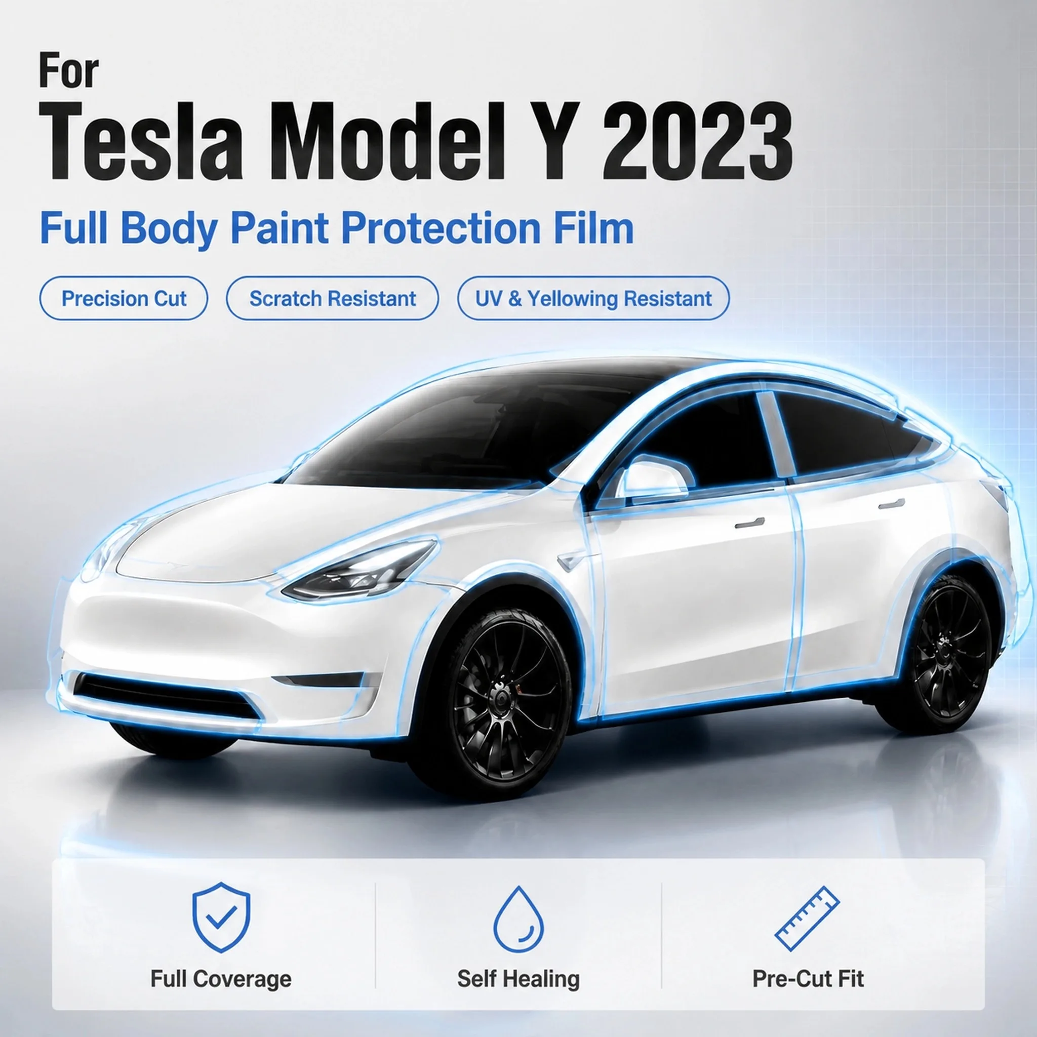 Für 7,5MIL Tesla Model Y Juniper 2023 TPU PPF Lackschutzfolie Transparent Vorgeschnitten Unsichtbar Klarfolie Karosserie-Zubehör