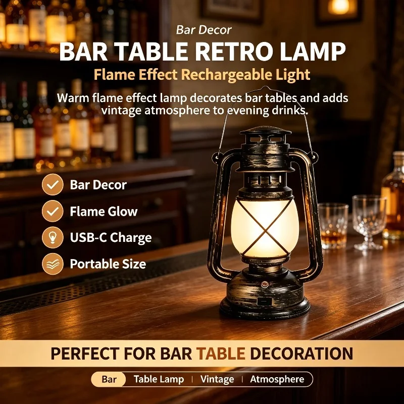 Camping Light Lantern, Vintage LED Lamp with Simulated Flame Glow and USB-C Rechargeable Design for Patio or Table Decor
