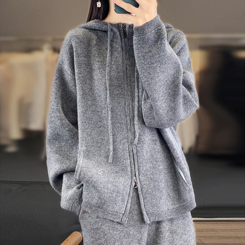 Autumn Winter New 100% Cashmere Knit Two Piece Set Women\'s Large Size Zipper Hooded Cardigan Korean Fashion Small Leg Pants Suit