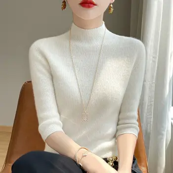 Maglione lavorato a maglia slim fit con collo alto e maniche a cinque, capospalla da donna, aderente, con base in maglia abbinata, autunno inverno, nuovo stile 6 best sales Crema superiore - №3