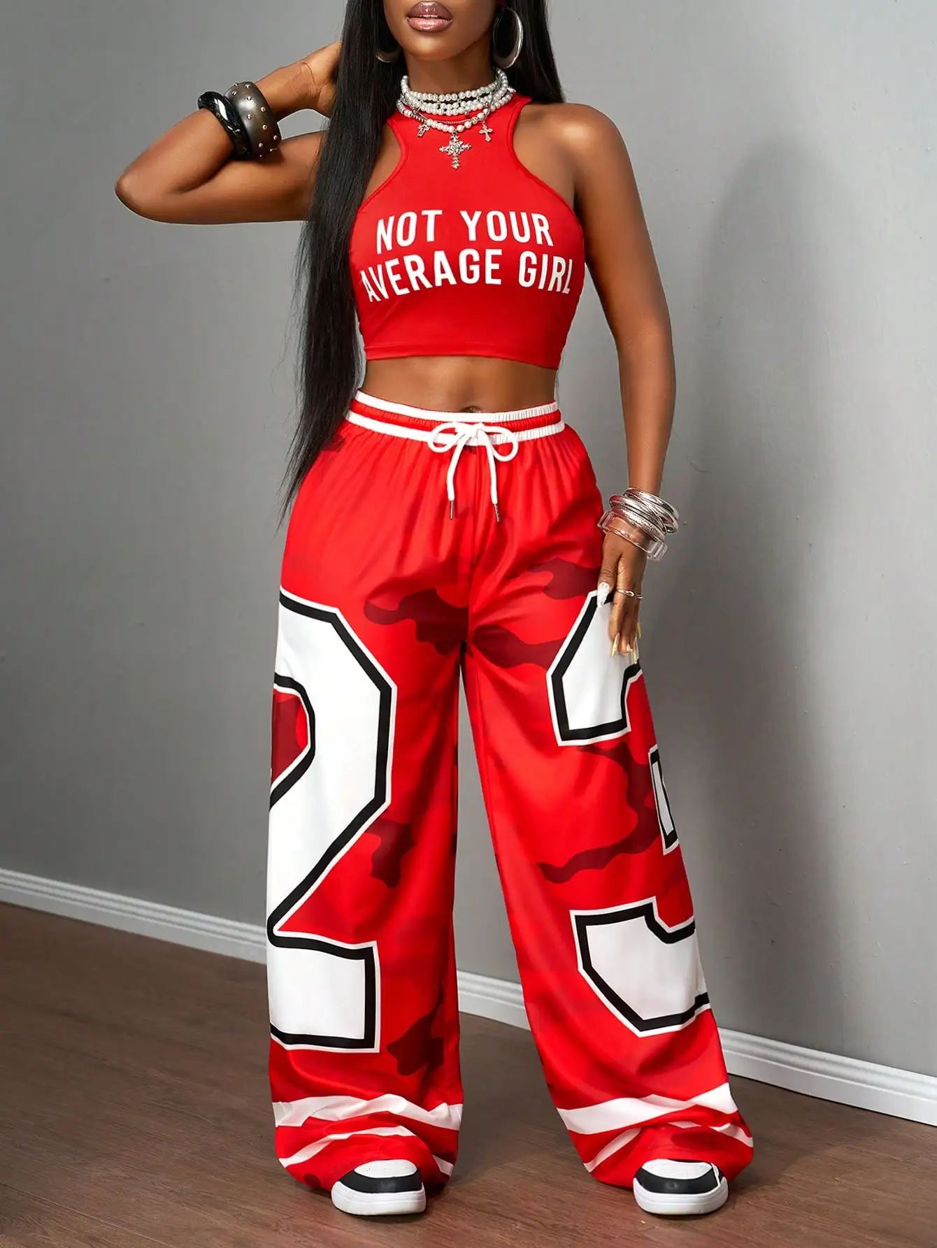 Red 'Not Your Average Girl' Crop Top & Wide-Leg Camo Print Pants Set - Streetwear Two Piece