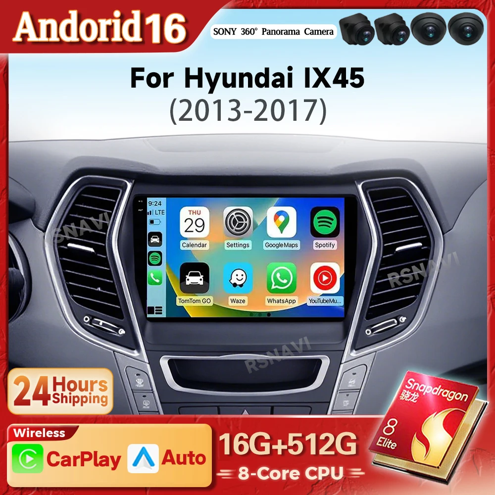 Android 16 Carplay Auto 2K Screen For Hyundai Santa Fe 3 2013 - 2016 Autoradio GPS Stereo Car Radio Multimedia Player Snapdragon