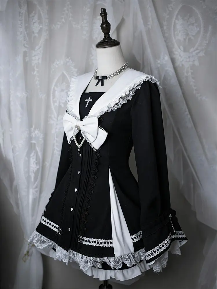 Japanese Gothic Lolita Dress Set Women Lace Patchwork Long Sleeve Bowknot Sailor Collar Mini Dress with Shorts Dark Sweet Outfit