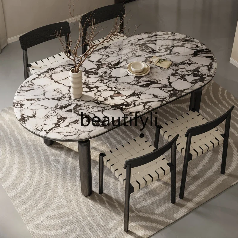 Marble dining table light luxury high sense household Italian simple restaurant oval dining table