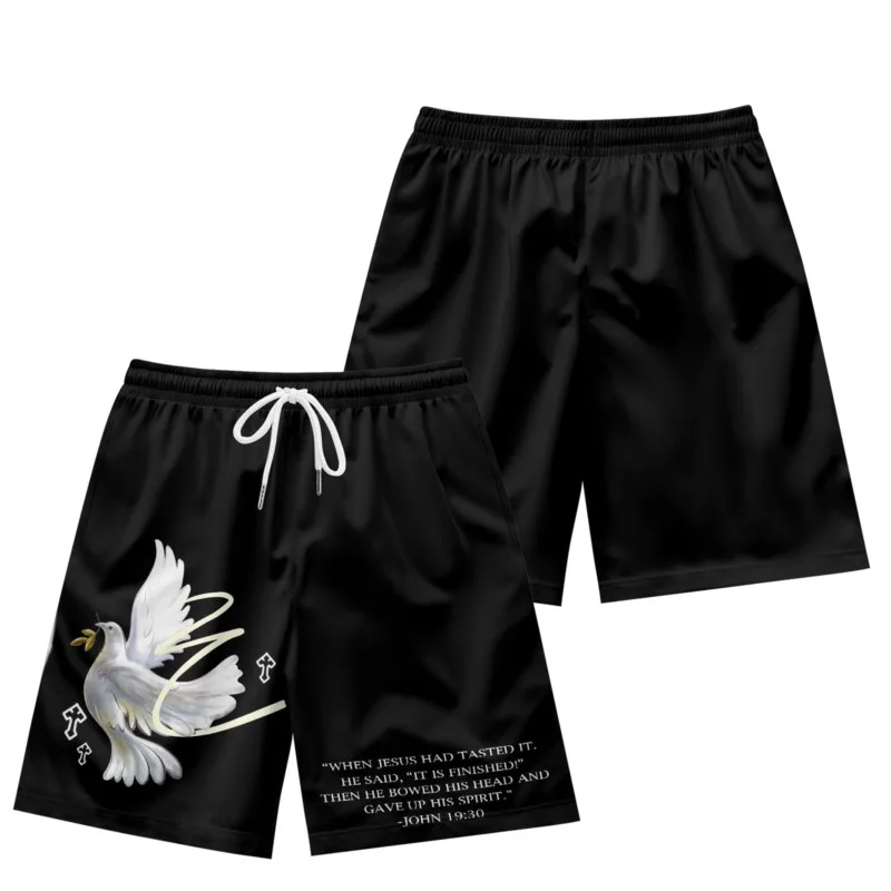 Bird Print Men's Drawstring Waist Polyester Black Shorts Quick Dry Breathable Sport Shorts Streetwear Shorts