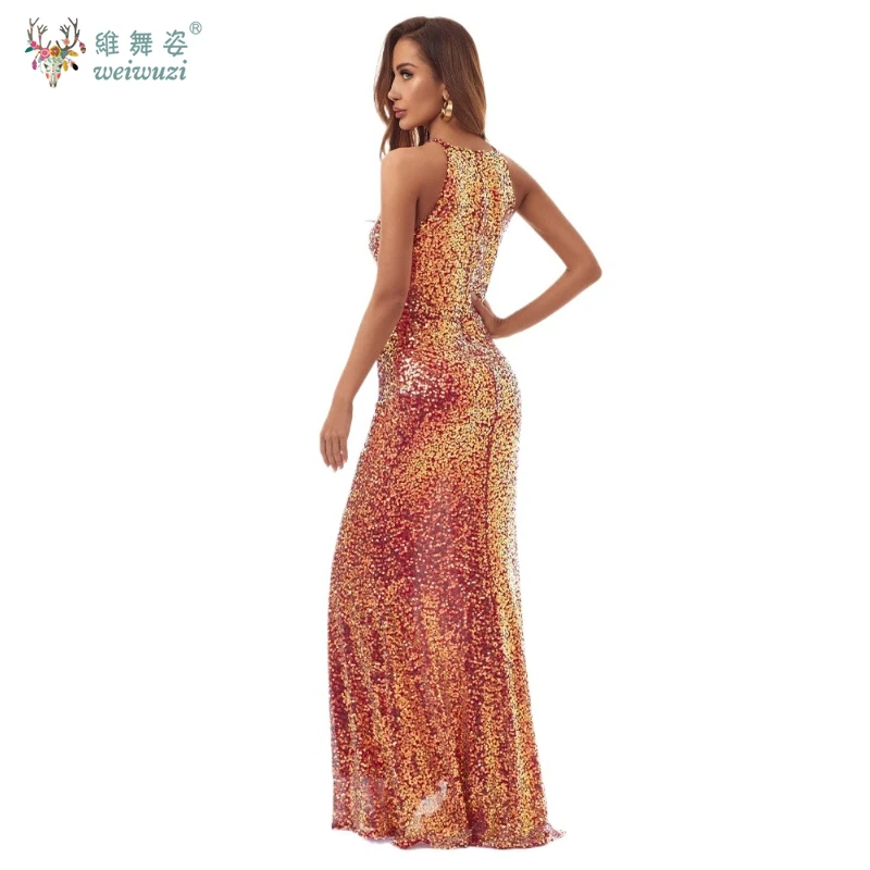 Gaun berongga garpu tinggi payet wanita dewasa seksi antik baru rok ekor ikan elegan Retro gaun panjang pesta malam mewah ramping