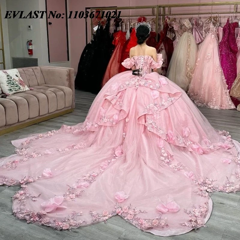 

EVLAST Customized Pink Quinceanera Dress Ball Gown Floral Applique Beading Tiered Corset Sweet 16 Vestidos De XV 15 Anos SQ140