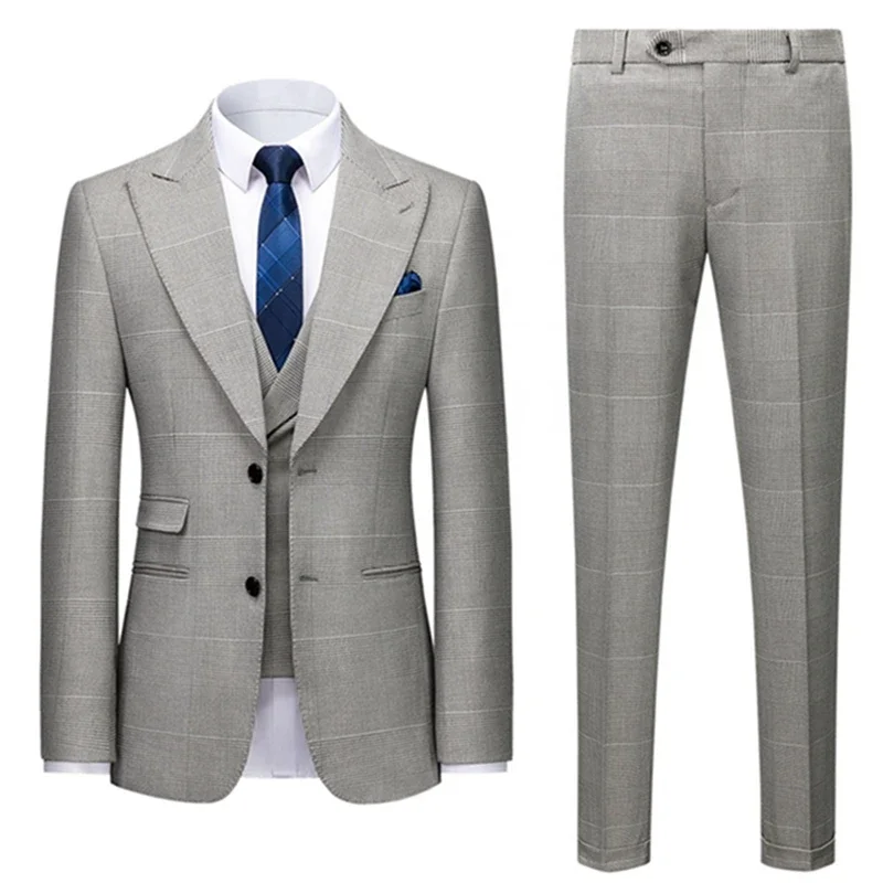 Men's Checkered Single Breast Business Light Grey Formal Wedding Dinner 3-piece Set