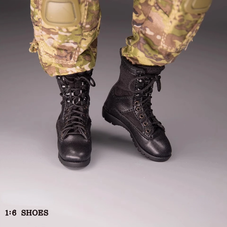 Botas táticas de combate pretas em escala 1/6 com base para figura de ação masculina de 12"