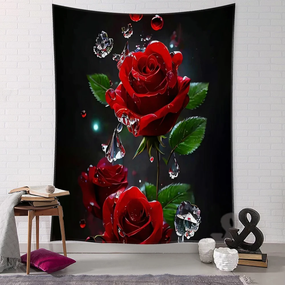 Black Background Water Droplet Rose Tapestry Wall Hanging Simple Abstract Art Hippie Valentine's Day Gift Room Home Decor