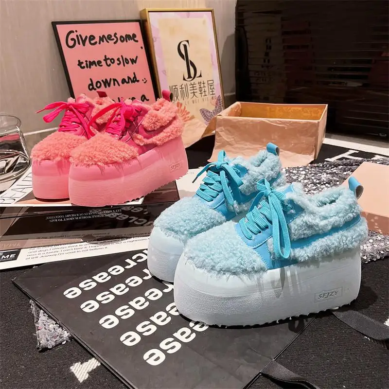 

Luxury Warm Snow Shoes For Women Winter Plush Cotton Padded High Heels Platforms Chunky Sneakers Pink Fashion Design 2025 Lady